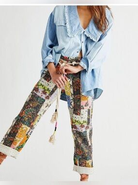 Free People Roads Merge Straight leg Patchwork Pants with Multicolor Quilt Print